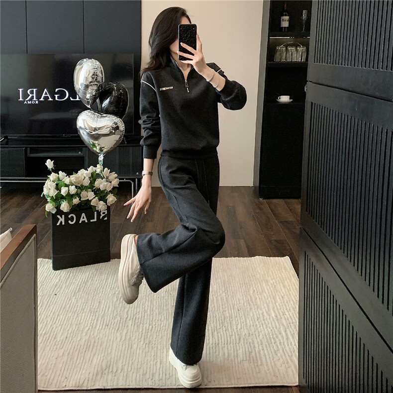 网红炸街休闲运动套装早秋季新款女气质显瘦立领卫衣直筒裤两件套,女装套装/套裙,江南