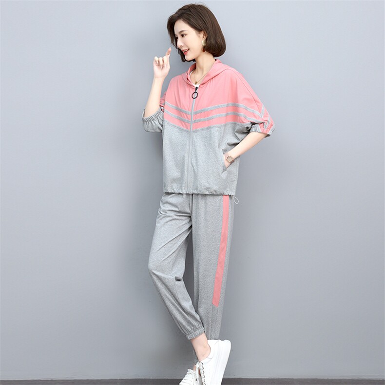 2024夏季新款简约时尚气质减龄连帽宽松休闲舒适套装,女装套装/套裙,独衣靓