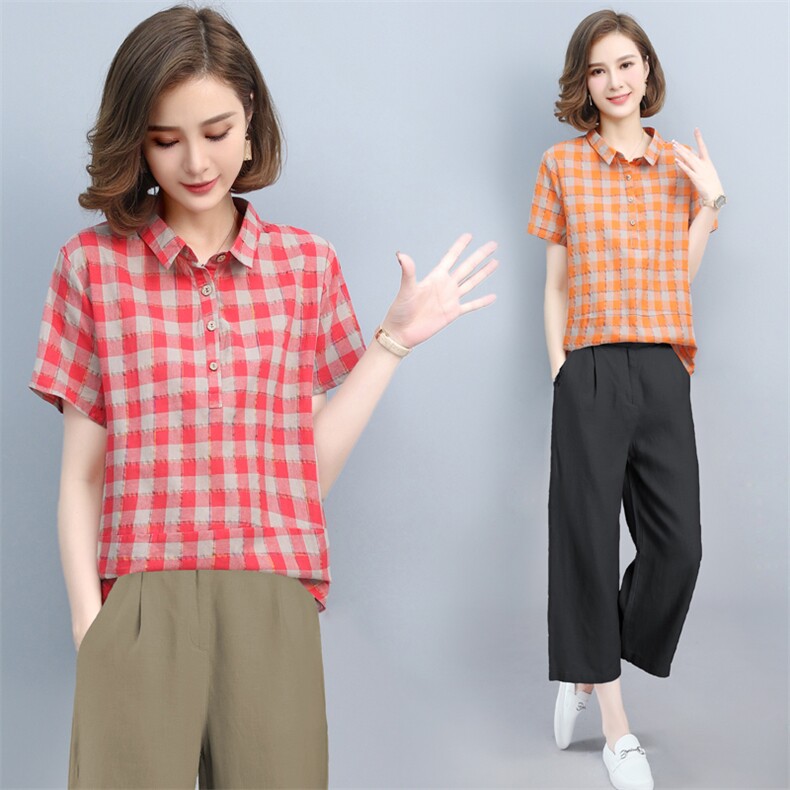 短袖衬衫女2021年新款POLO领中年妈妈50岁新疆棉宽松洋气格子上衣,女装套装/套裙,璐依舞
