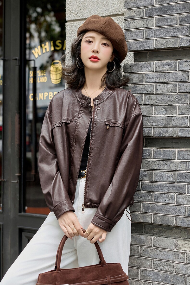 高级感咖色立领皮衣外套女2025秋季新款宽松休闲百搭短款夹克上衣,女装皮衣,梦依缘