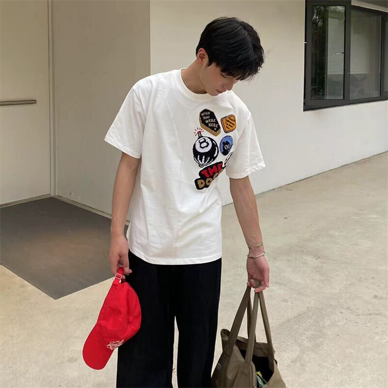 万针全刺绣工艺得物抖音高品质260克纯棉双纱美式高街短袖T恤P33,男装T恤,电商A486-1