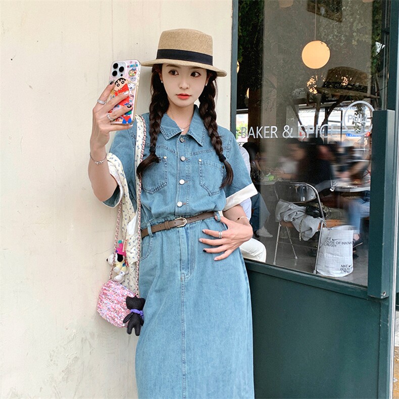 衬衫牛仔连衣裙女夏季2025新款薄款短袖气质高级感显瘦收腰长裙子，女装连衣裙，帛香坊