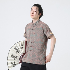潮新中式海水江涯绸缎提花渐变色立领盘扣短袖衬衫31226，男装T恤，星座305A（原312A-1）