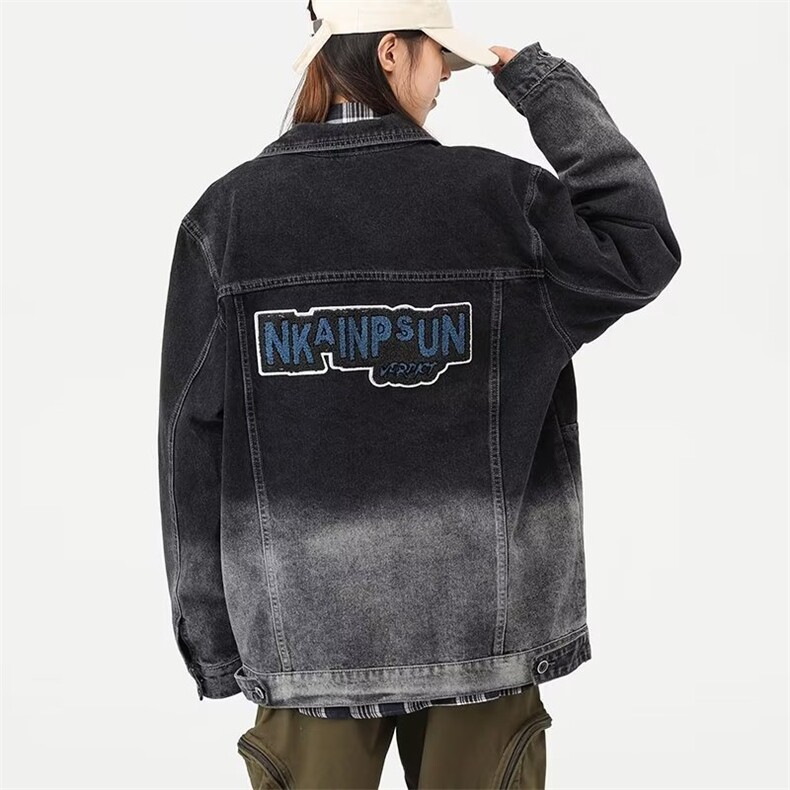 牛仔夹克工装口袋中性风渐变色字母刺绣大码M-4XL J11 P60图片