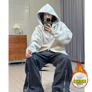480G重磅加绒硬挺boxy男女秋冬美式高街结构双拉链开衫卫衣厚外套图片