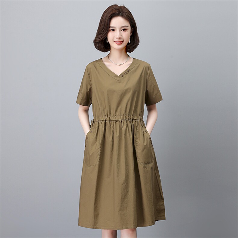 时尚宽松显瘦V领短袖连衣裙优雅气质百搭女装舒适面料,女装连衣裙,叶笙衣