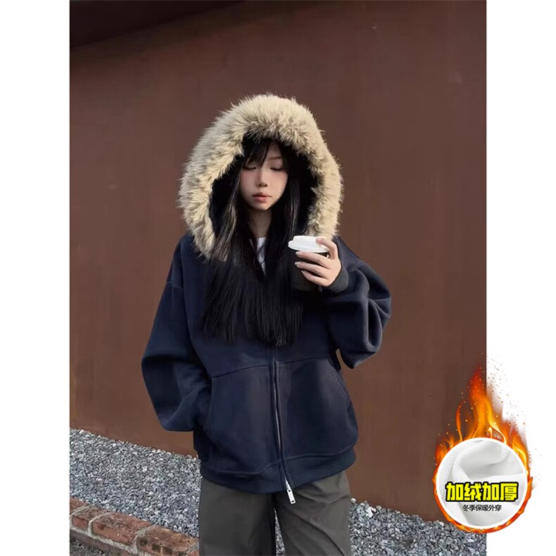 480G重磅加绒硬挺boxy秋冬美式高街超大毛领座山雕连帽卫衣厚外套,女装短外套,电商A486-1