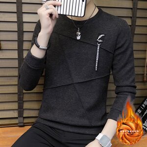 冬季加厚保暖长袖卫衣男外贸打底衫羽毛带圆领套头红735加绒图片