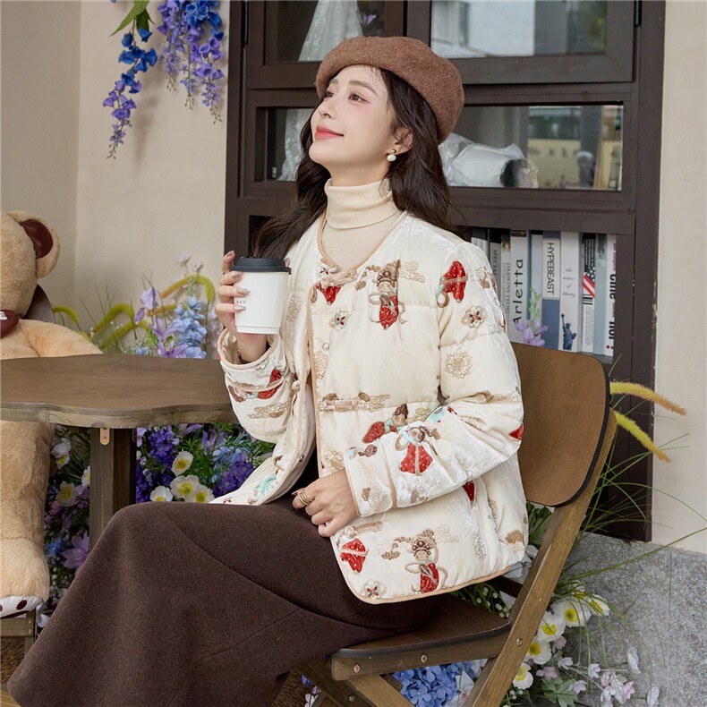 2025年冬季新款白鸭绒新中式风精美小唐人提花气质复古羽绒服,女装羽绒服,1C080
