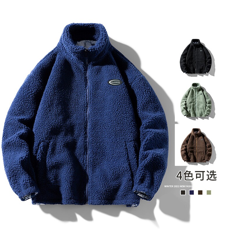 冬季新款男士外套翻领修生摇粒绒羊羔绒加棉夹克拉链休闲纯色外套图片
