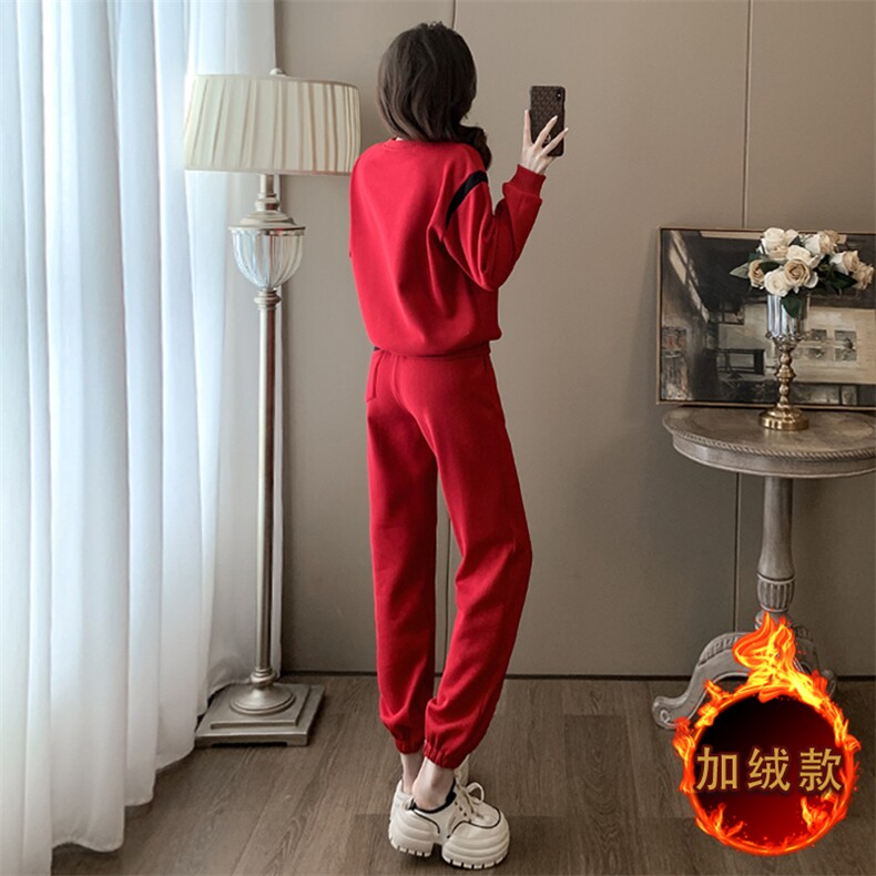 女秋冬新款红色圆领卫衣卫裤加绒两件套,女装套装/套裙,江南