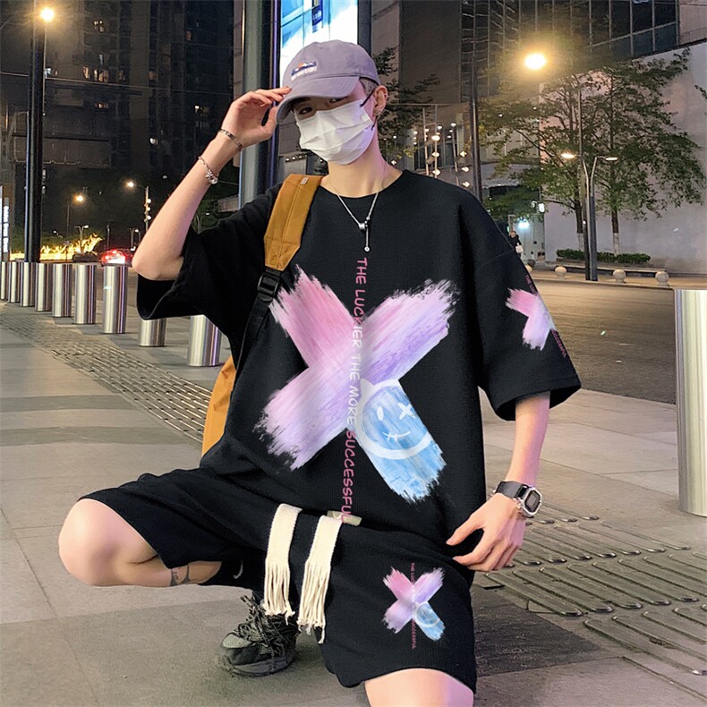 套装！夏季华夫格套装男T恤短裤男两件套大码港风TZ13-P50图片