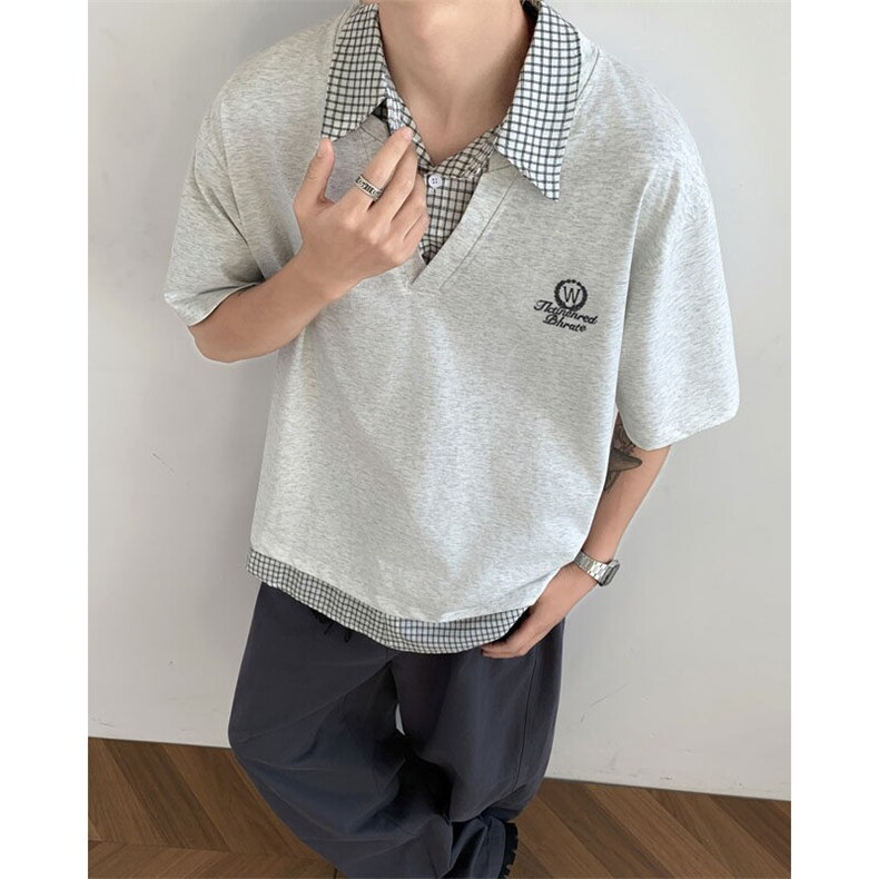 假两件短袖男格子拼接polo衫t恤翻领复古宽松休闲上衣,男装T恤,星座410-6（原星座1304-1）