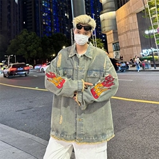翻领单排扣常规复古水洗破坏火焰刺绣牛仔外套男气质潮流，男装工装外套，星座410-6（原星座1304-1）