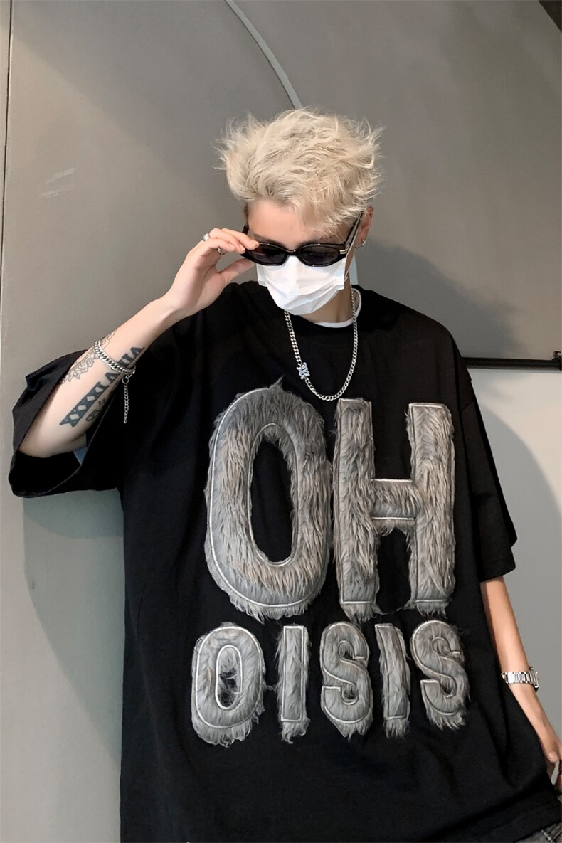 男装短袖T恤夏季长毛字母刺绣印花五分袖体恤XZ514-2-202463-P58,男装T恤,星座514-2(原B239)