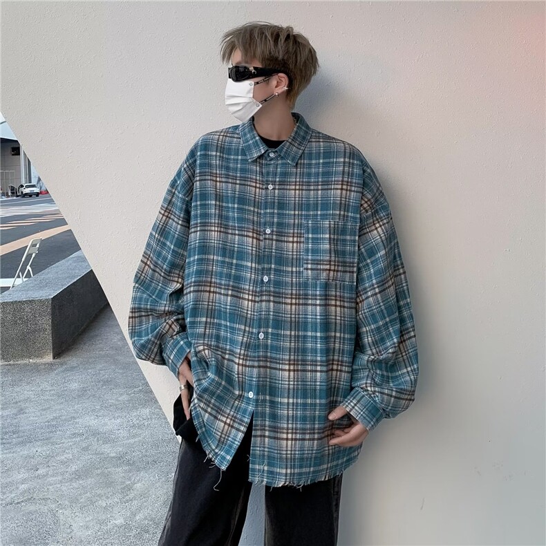 美式格子衬衫男长袖秋季潮牌痞帅高街外套oversize衬衣C1122-P45,男装衬衫,星座1008