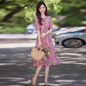 天丝麻印花连衣裙女2025夏季新款气质时尚收腰显瘦减龄中长款裙子图片