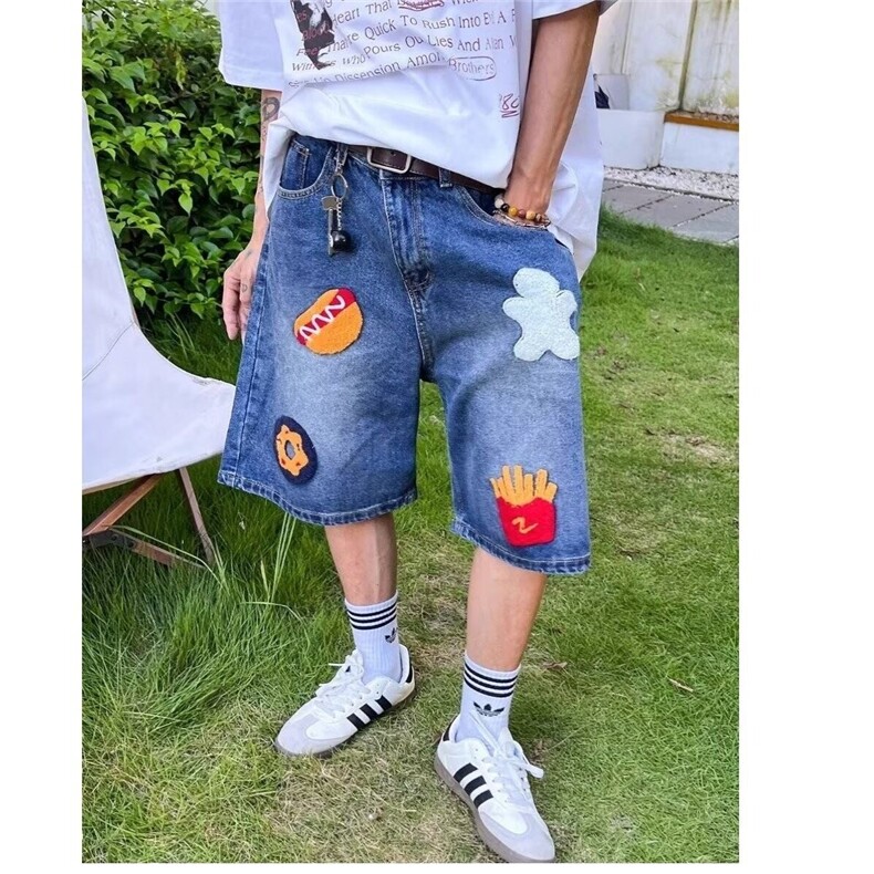 美式复古汉堡薯条毛巾绣牛仔短裤男夏季宽松高街阔腿五分裤ND100,男装牛仔裤,星座1116A（原606A-3）