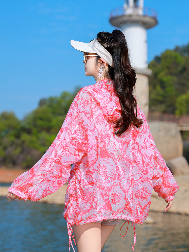 薄外套女中长款2025夏季新款时尚印花连帽户外遮阳棒球服长袖上衣,女装防晒衣,可可小西