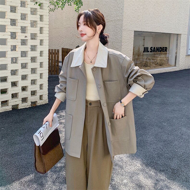 美式复古撞色翻领风衣外套女2025秋季新款小个子休闲时尚工装大衣,女装风衣,2C058