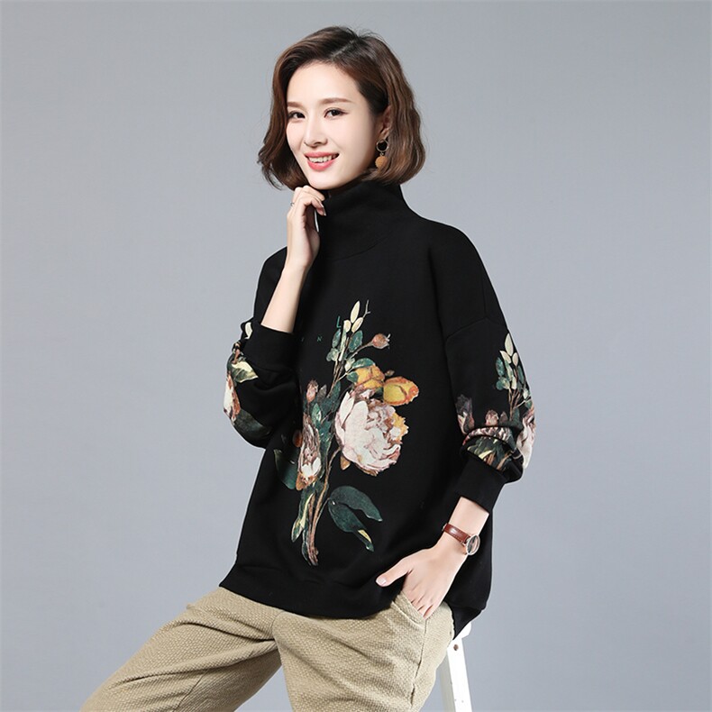 2022年秋季新款时尚印花卫衣女宽松显瘦韩版高领上衣打底衫女图片