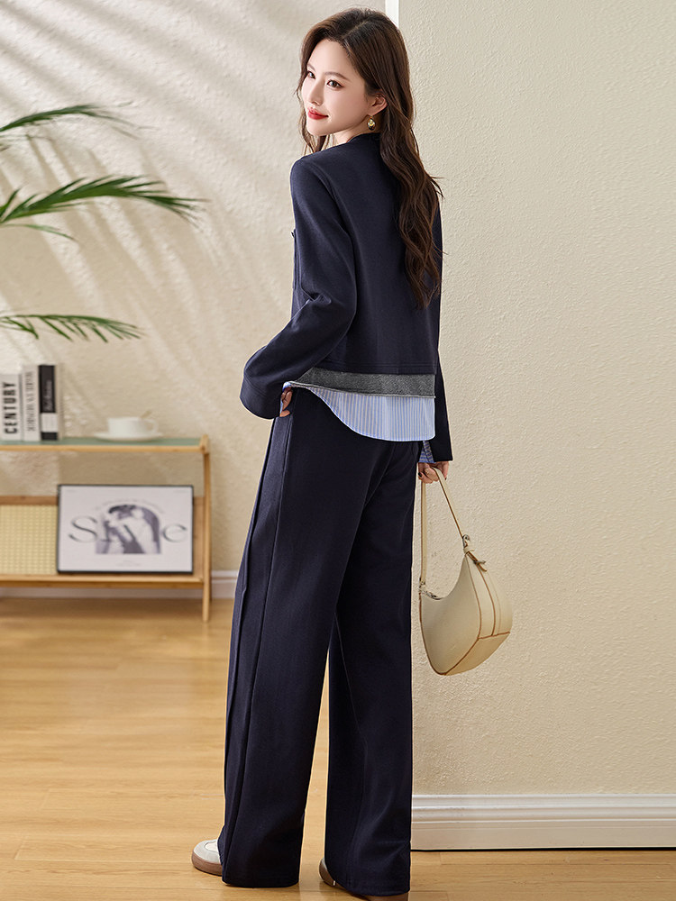 假两件条纹拼接上衣阔腿裤两件套女2025春新款休闲松弛感穿搭套装,女装套装/套裙,美沁