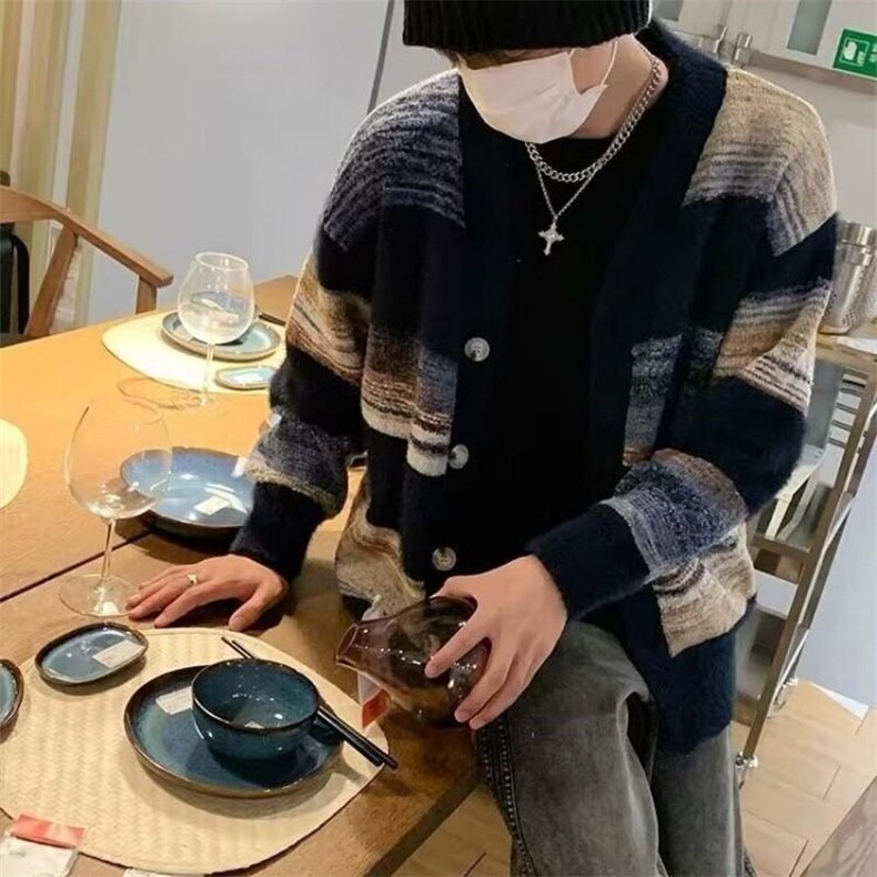 网图现货84861-特P65秋冬针织开衫毛衣外套高级感宽松休闲条纹,男装针织衫/毛衣,电商D310B