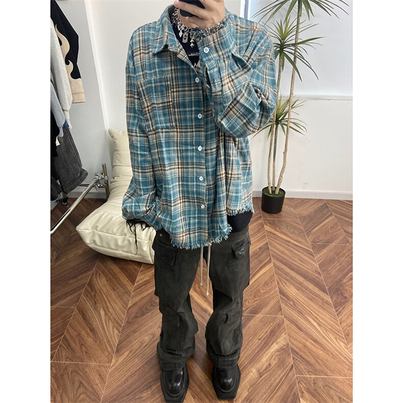 B221！美式ins高街暗黑小众毛边格子衬衫SY2320-P65控88,男装衬衫,电商B221