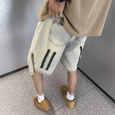 黄泥牛仔短裤男夏季美式高街薄款直筒裤子潮牌痞帅宽松休闲五分裤，男装牛仔裤，星座601-2