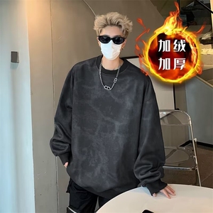 扎染脏脏卫衣男秋冬季潮牌长袖t恤男宽松痞帅体恤青少年加绒上衣图片