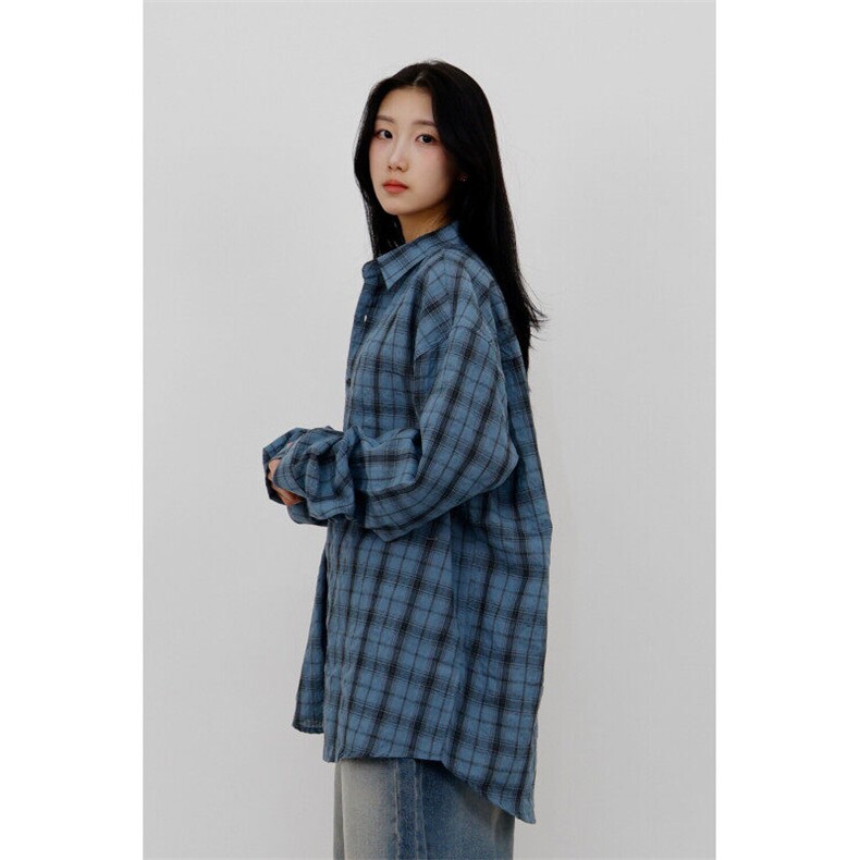 美式慵懒宽松格子长袖衬衫女新款百搭休闲衬衣潮828P50,女装衬衫,星座710