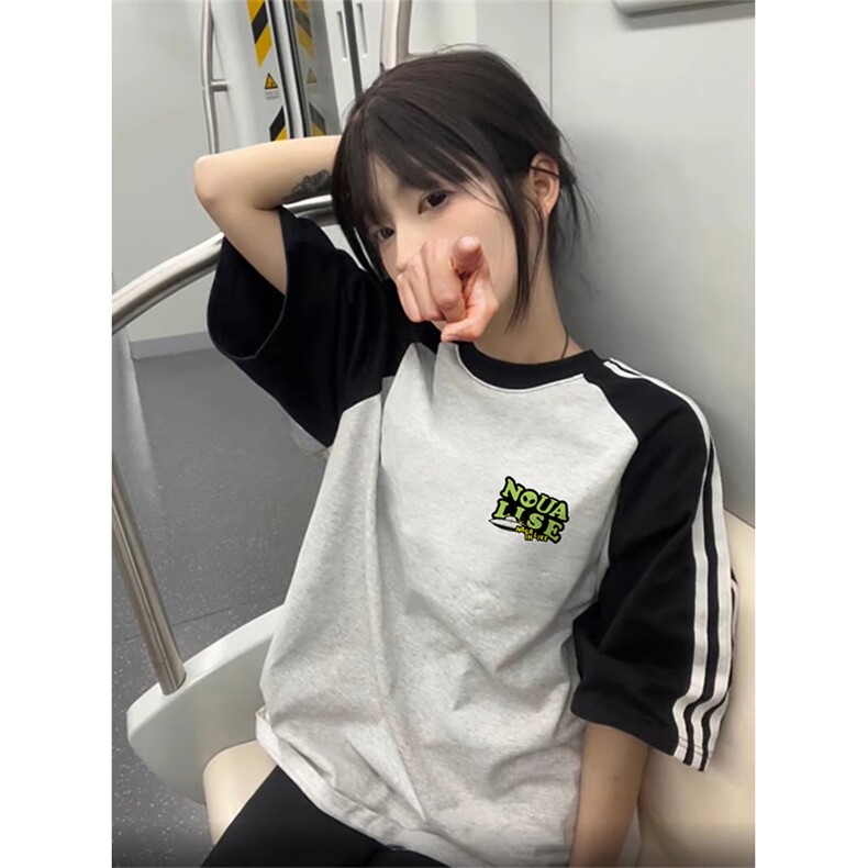 夏季美式高街重磅纯棉三条杠织带插肩撞色男女短袖T恤CZ18-特P25,男装T恤,电商A486
