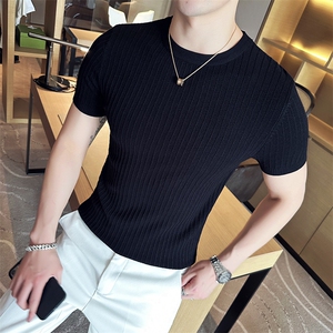 针织衫毛衣男 M22/p45春夏季短袖修身圆领条纹纯色打底衫线衣图片
