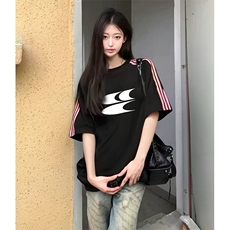 抖音得物品质二开240克宽松纯棉美式潮牌印花三条杠中性风短袖T恤，男装T恤，电商A486-1
