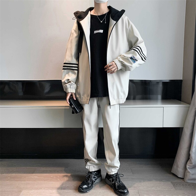 秋季新款大码连帽港风宽松夹克束脚九分裤套装男TZD07P90,男装休闲套装,电商B226