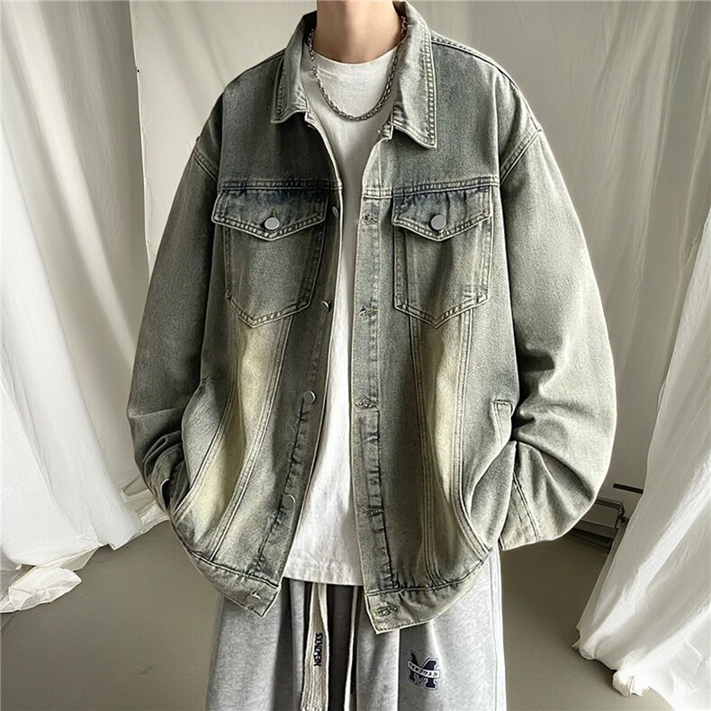 wassuphappy牛仔外套男款秋冬季潮牌美式高街夹克翻领宽松上衣服，男装工装外套，星座1013-6