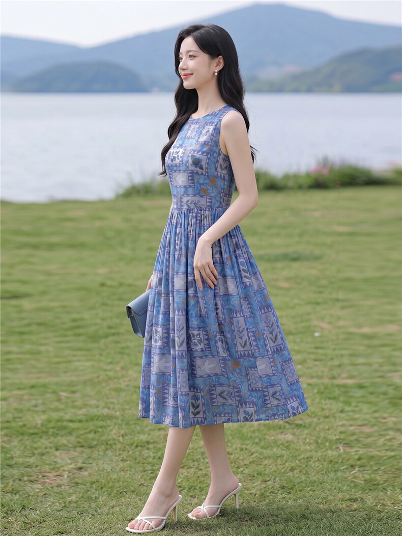蓝色印花无袖宽松版时尚学院风连衣裙,女装连衣裙,水衣源