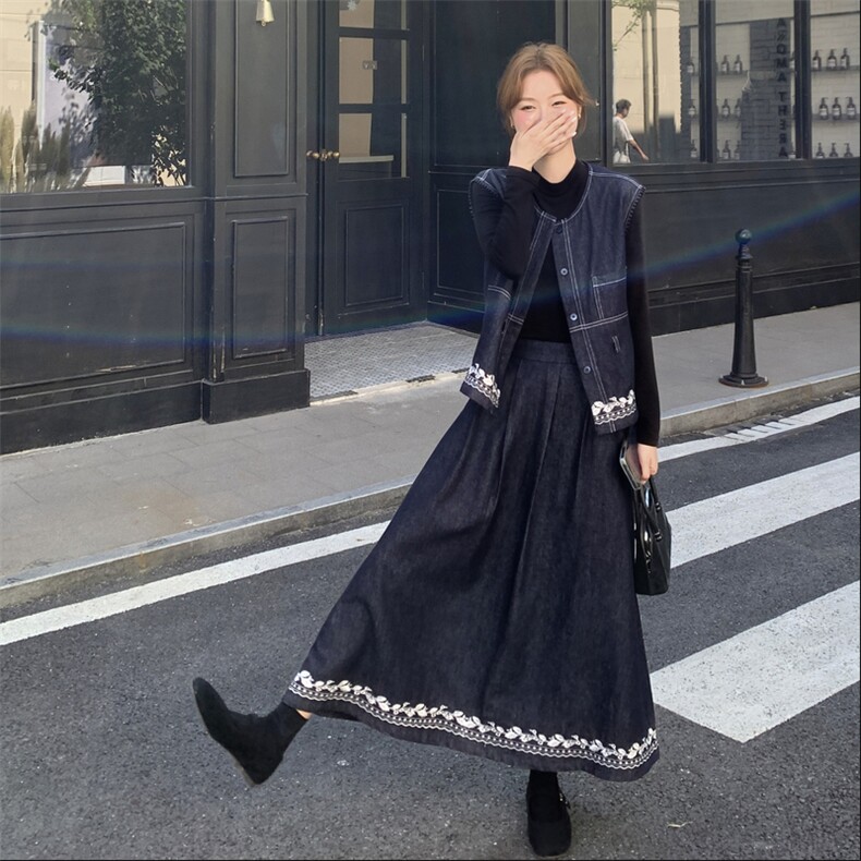 时尚气质牛仔马甲高腰半身裙两件套女2025秋季新款韩版高级感套装,女装套装/套裙,2C028