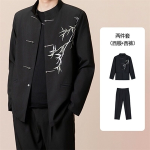 dk制服中山装男套装春秋宽松痞帅竹叶刺绣垫肩新中式立领风外套图片