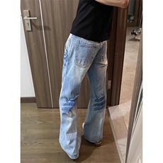 冰蓝色水洗闪电纹牛仔裤男款美式高街vibe裤子cleanfit弯刀微喇裤，男装牛仔裤，星座1007（原301D）