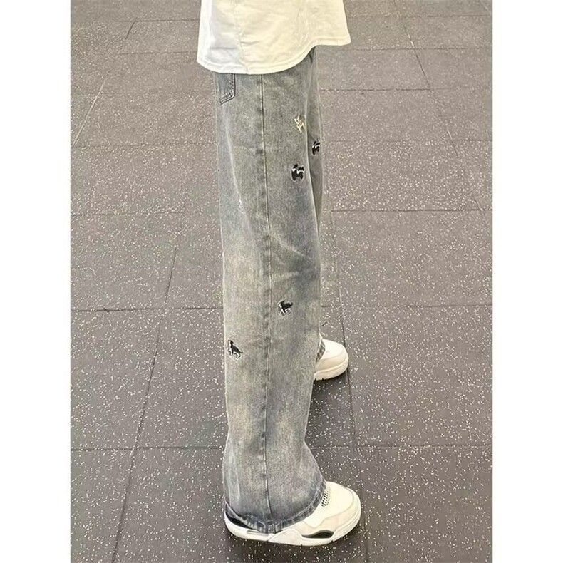 腊肠狗刺绣牛仔裤男美式高街裤子设计感高级直筒裤男WYA23-P50,男装牛仔裤,星座208-5