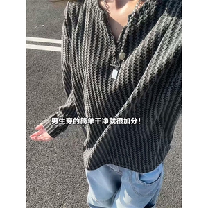 美式高街千鸟格子长袖T恤男女亨利V领英伦雅痞休闲宽松长袖打底衫图片