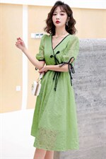 2023年新款夏装连衣裙淑女印花盘扣蝴蝶结纯色时尚潮流气质连衣裙，女装连衣裙，尚洛菲