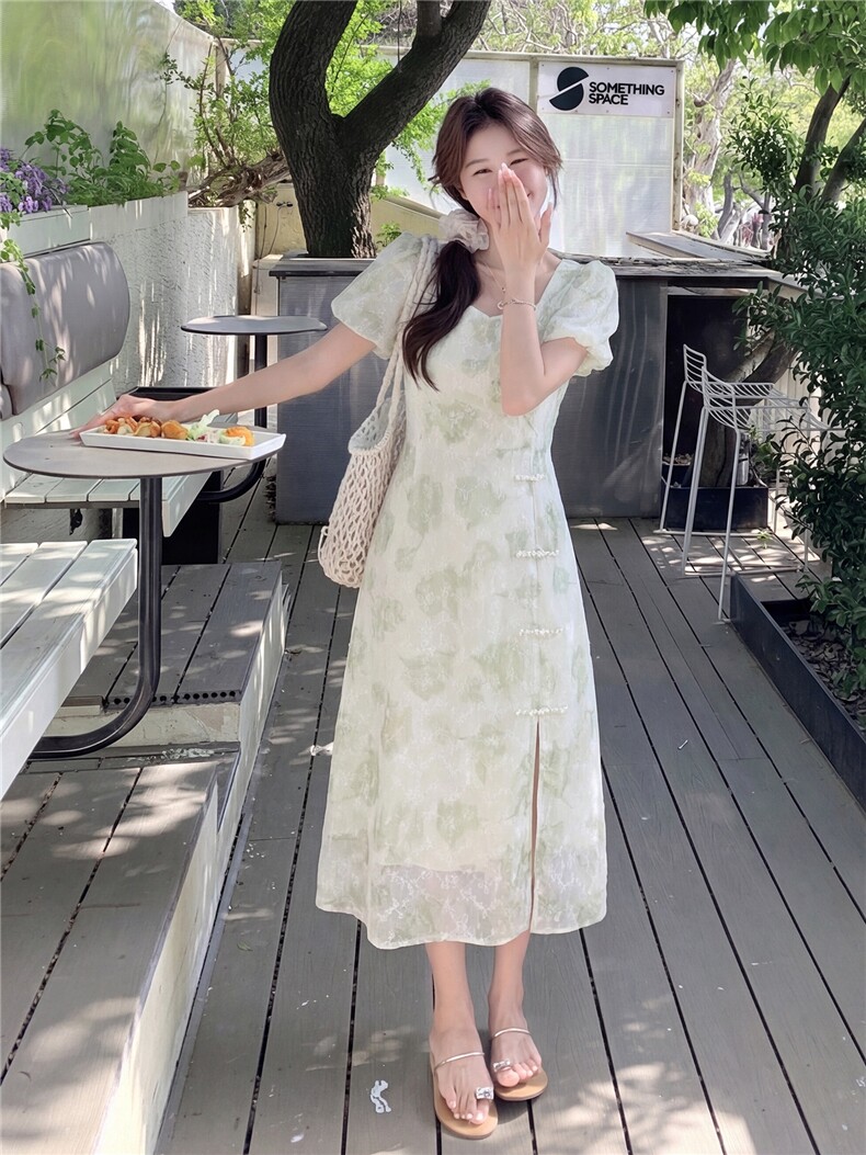 新中式给g风盘扣印花收腰连衣裙,女装连衣裙,采品优优