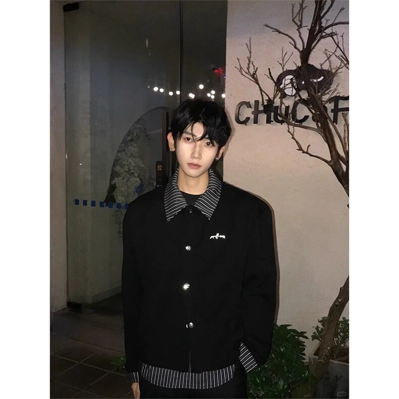 韩版潮牌黑色条纹拼接衬衫外套男士秋季痞帅高级感假两件开衫卫衣图片