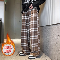 加绒加厚冬男休闲裤松紧腰毛呢条纹格子宽松长裤h922P45加绒P50，男装休闲裤，星座1013-1