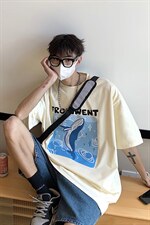 2024年新款宽松男士T恤大码鲸鱼印花港风情侣装A071-5519-P28，男装T恤，电商A071