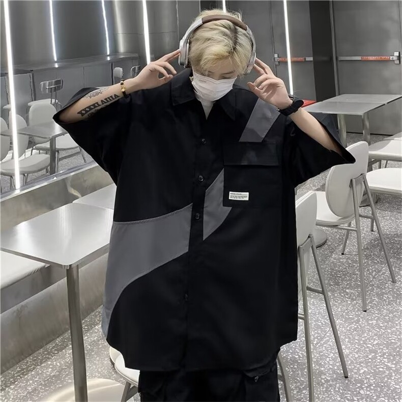 设计感拼接短袖衬衫男夏季日系Cityboy宽松休闲衬衣外套C2793-P33,男装T恤,星座1008-1