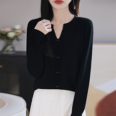 100%纯羊毛衫女半开圆领蝴蝶结针织毛衣外搭宽松休闲长袖羊绒上衣，女装羊毛衫，朝思羊绒
