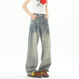 新款美式复古星星印花磨破设计牛仔裤04XZ211-1-K2540-P55 控88图片